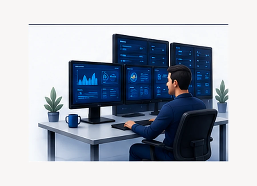 Profissional de TI monitorando servidores, rede e infraestrutura gerenciada